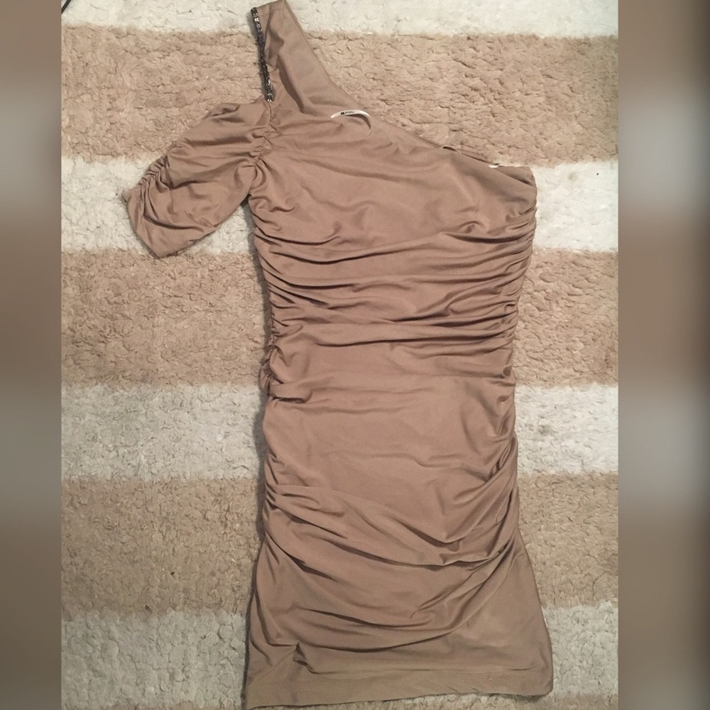 Taupe asymmetrical ruched bodycon dress